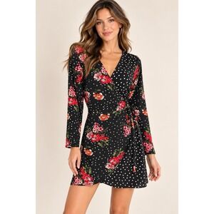 Soul Cake Black Mini Wrap Dress~S~Polka Dot  Floral Long Sleeve Edgy  Whimsigoth